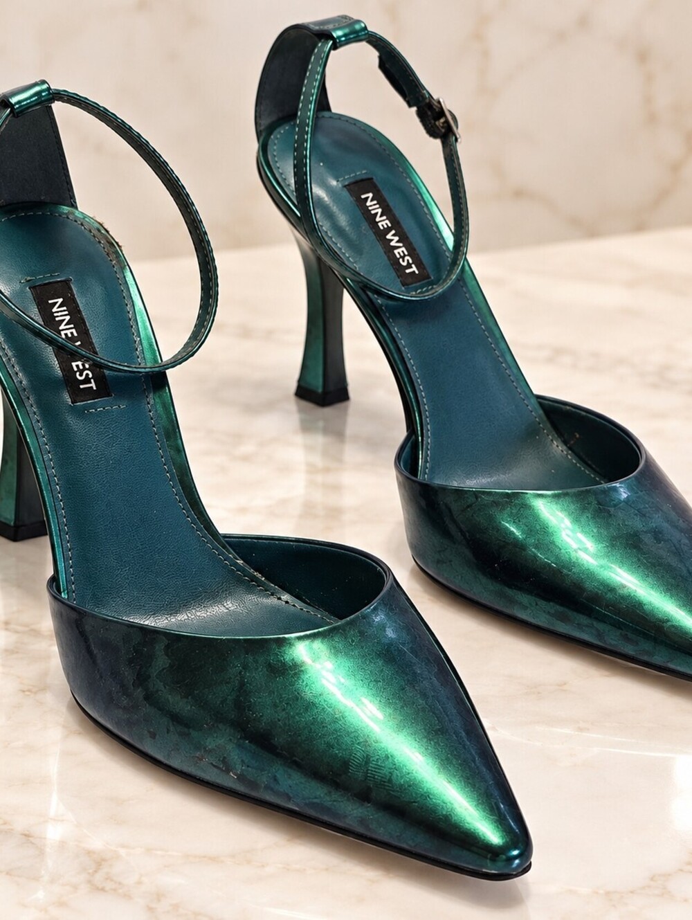 Nine West Women’s 9M Metallic Teal Blue Pointed Toe Ankle Strap Heels Pumps